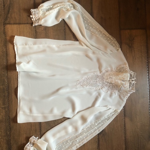 Authentic Vintage Beautiful Lace mesh blouse, high neck, swiss dot insets, Doen - Picture 6 of 15